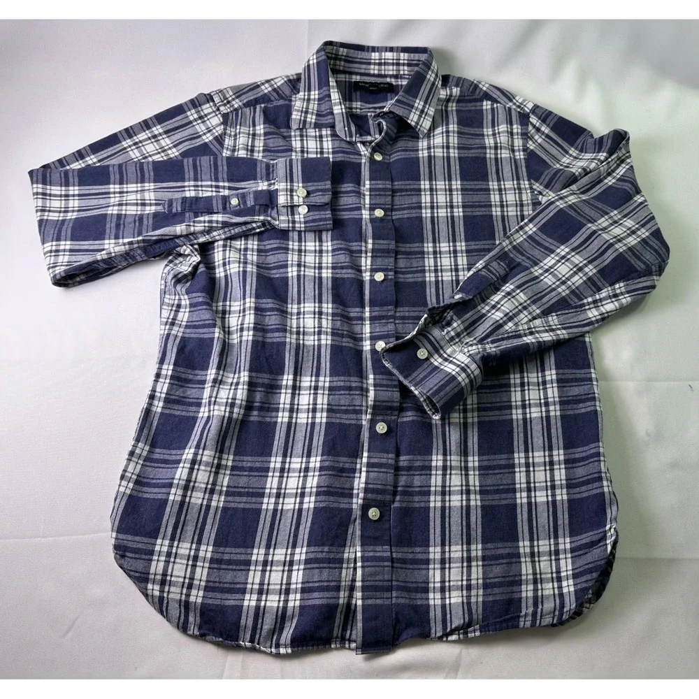 Banana Republic Slim Fit Plaid Button Down Shirt‎ Mens Size Medium Blue White